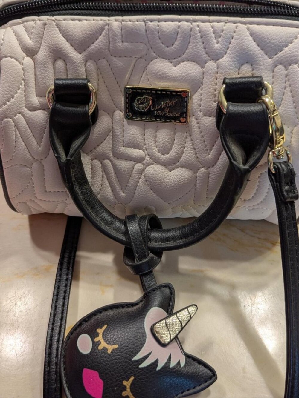 Betsy Johnson Quilted puff LUV heart design small bag with attached Unicorn char
